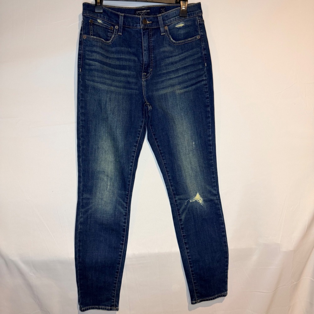 Lucky Brand High Rise Skinny Jeans Blue Distressed Whiskered Size 12 31
